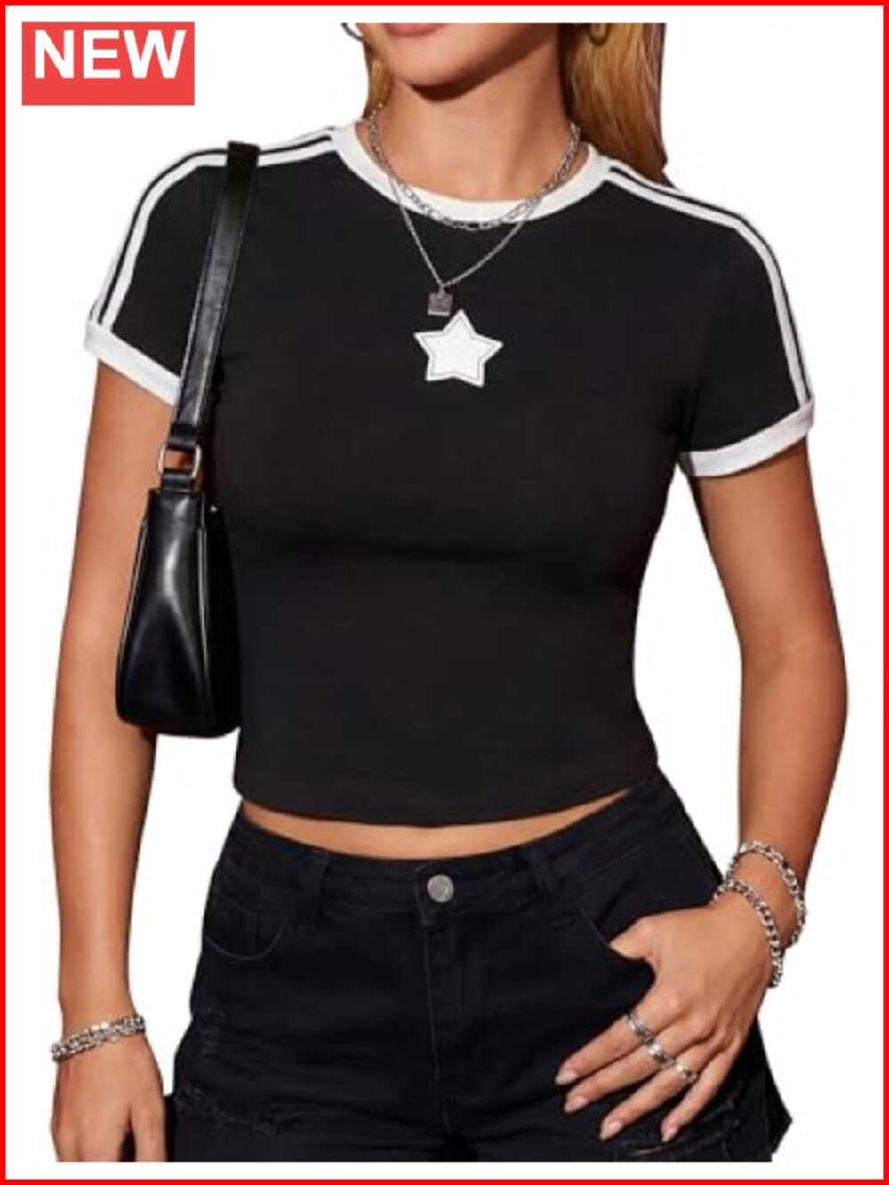 Y2K Slim Fit Crop Top Short Sleeve Scoop Neck Star Patch Tee